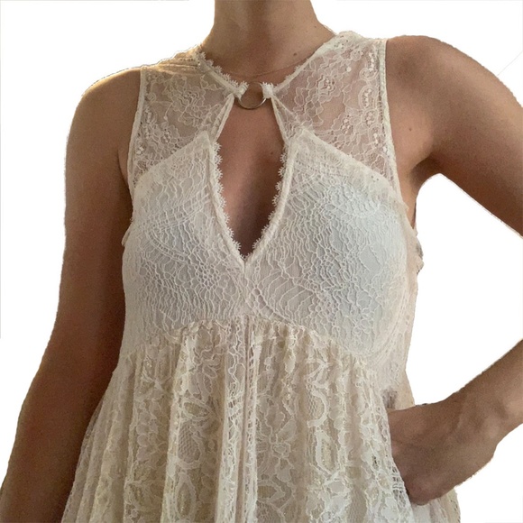 NWOT Free People white and golden floral lace mini baby doll dress - Picture 2 of 9
